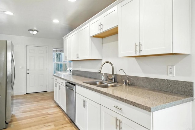 493133 Auburn, San Diego, CA 92105 - kitchen featuring stainless steel appliances, white cabinetry, light wood finished floors, recessed lighting, and light stone counters