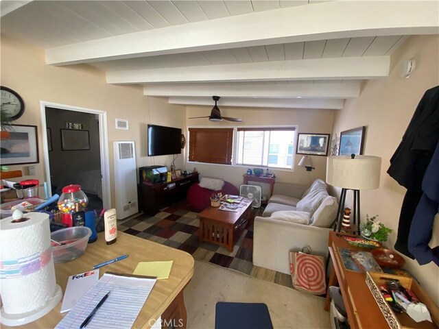 135 28th St, Hermosa Beach, CA 90254 - living area with ceiling fan and beamed ceiling