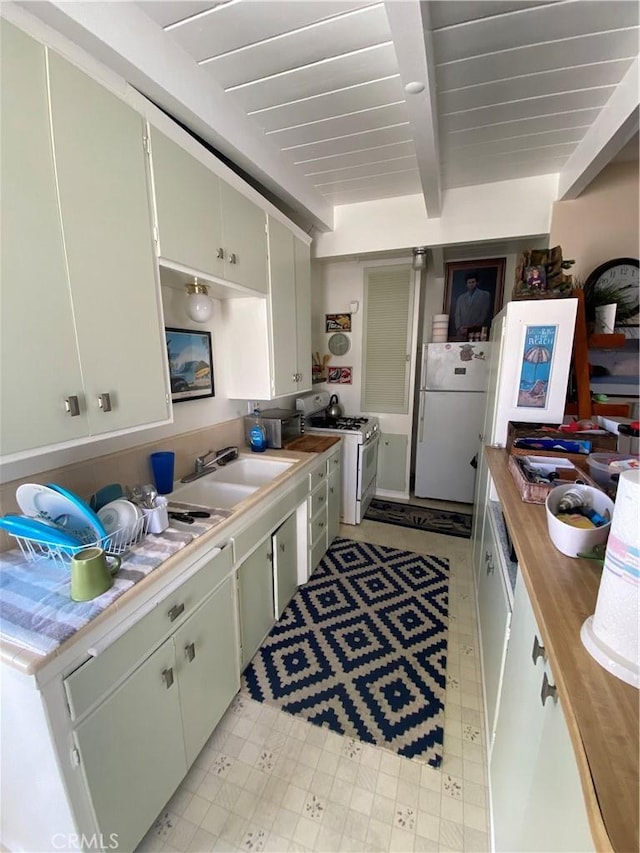 135 28th St, Hermosa Beach, CA 90254 - kitchen with white appliances, beamed ceiling, wooden counters, and light floors