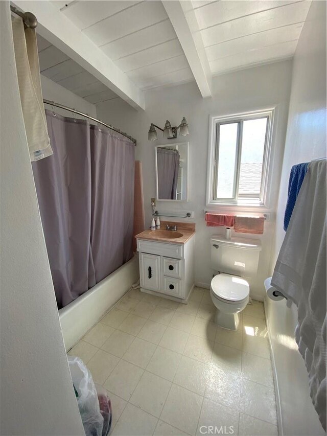 135 28th St, Hermosa Beach, CA 90254 - bathroom with vanity, shower / tub combo with curtain, and a wood ceiling with exposed beams