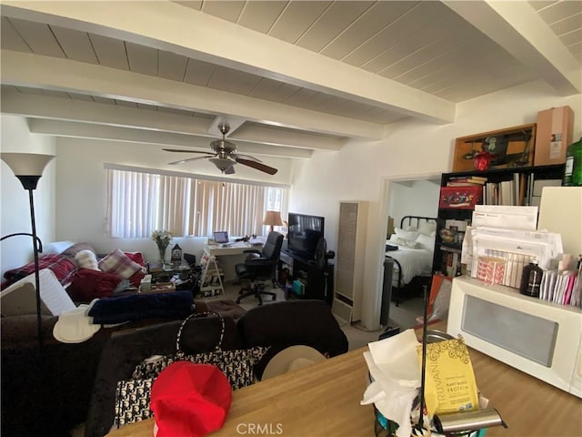 135 28th St, Hermosa Beach, CA 90254 - living area featuring a ceiling fan, beamed ceiling, and wood finished floors