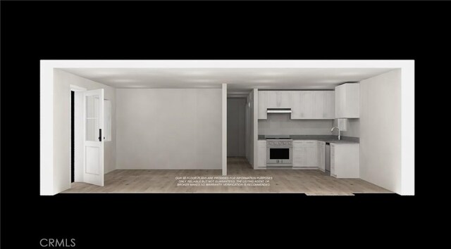 1241 W 95th St, Los Angeles, CA 90044 - kitchen with light wood-style floors, white cabinets, wall oven, under cabinet range hood, and light countertops