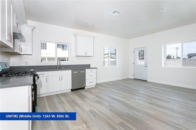 1241 W 95th St, Los Angeles, CA 90044 - kitchen with appliances with stainless steel finishes, under cabinet range hood, light wood finished floors, white cabinetry, and plenty of natural light