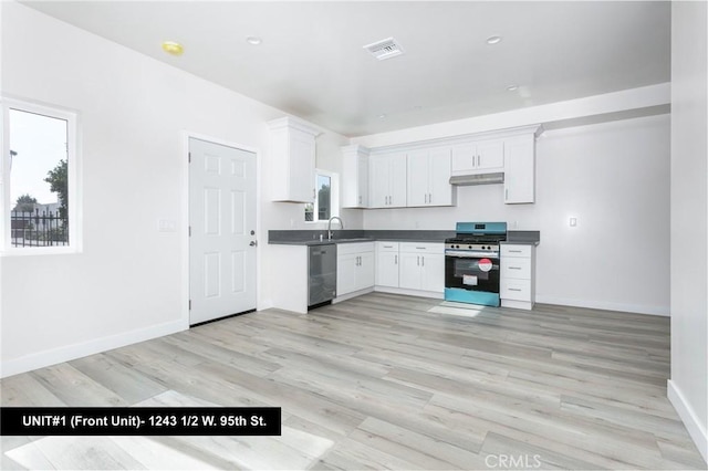1241 W 95th St, Los Angeles, CA 90044 - kitchen with appliances with stainless steel finishes, under cabinet range hood, dark countertops, white cabinetry, and light wood-type flooring