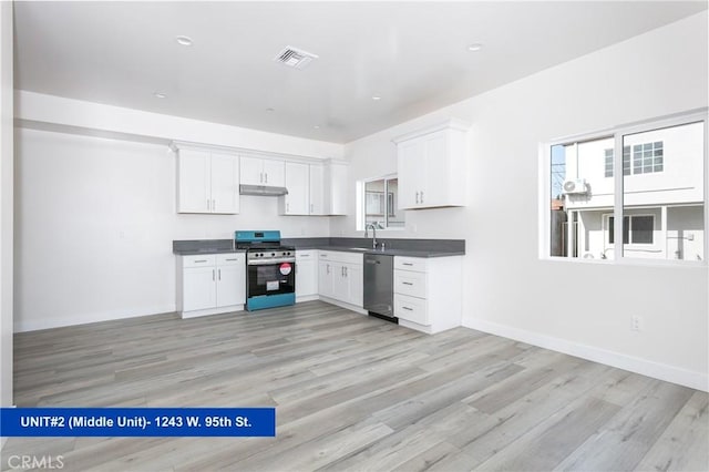 1241 W 95th St, Los Angeles, CA 90044 - kitchen featuring appliances with stainless steel finishes, dark countertops, light wood finished floors, and under cabinet range hood