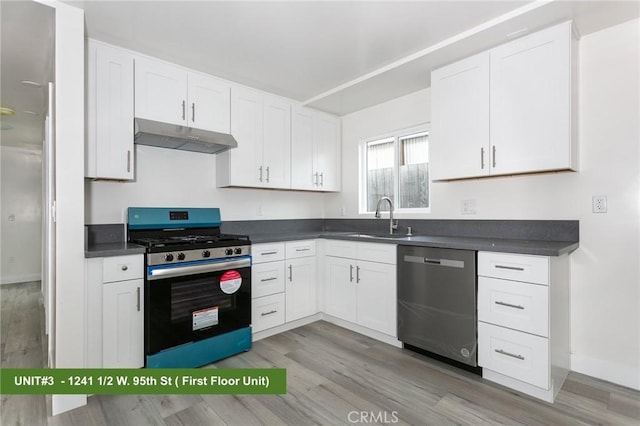 1241 W 95th St, Los Angeles, CA 90044 - kitchen featuring appliances with stainless steel finishes, under cabinet range hood, light wood-type flooring, and dark countertops