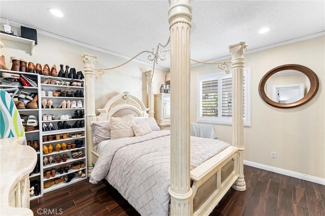 2901 Huston St, Pomona, CA 91767 - bedroom with wood finished floors, ornamental molding, a textured ceiling, decorative columns, and recessed lighting
