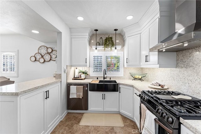 2901 Huston St, Pomona, CA 91767 - kitchen featuring wall chimney range hood, dishwasher, gas range, a peninsula, and tasteful backsplash