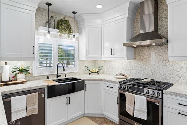 2901 Huston St, Pomona, CA 91767 - kitchen featuring wall chimney range hood, gas stove, dishwasher, and white cabinetry