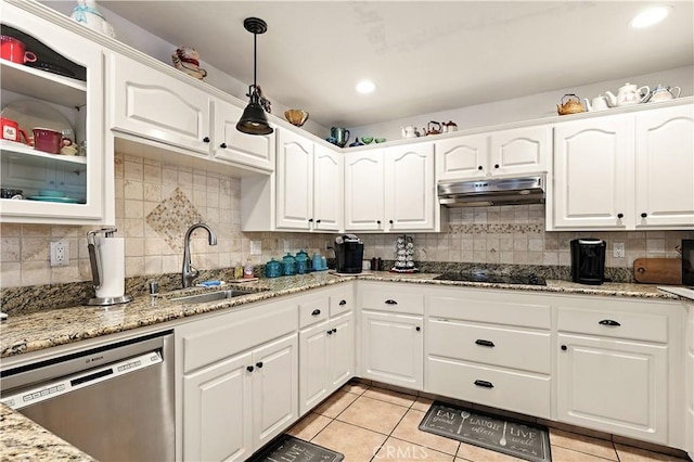 1115 Chennault Ave, Clovis, CA 93611 - kitchen with dishwasher, under cabinet range hood, black electric cooktop, light tile patterned floors, and tasteful backsplash