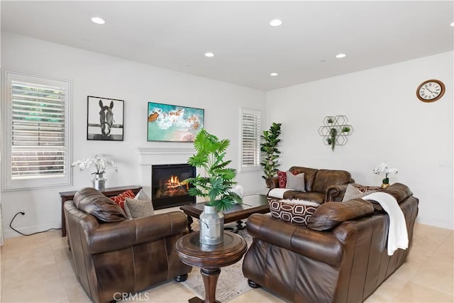 1278 Inspiration, West Covina, CA 91791 - living room with light tile patterned floors, recessed lighting, and a glass covered fireplace