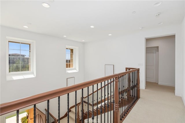 1278 Inspiration, West Covina, CA 91791 - hall featuring an upstairs landing, light carpet, and recessed lighting