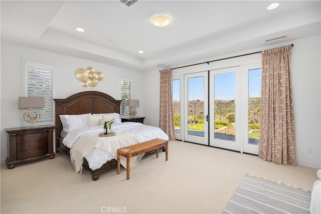 1278 Inspiration, West Covina, CA 91791 - bedroom featuring access to exterior, carpet, a raised ceiling, and recessed lighting