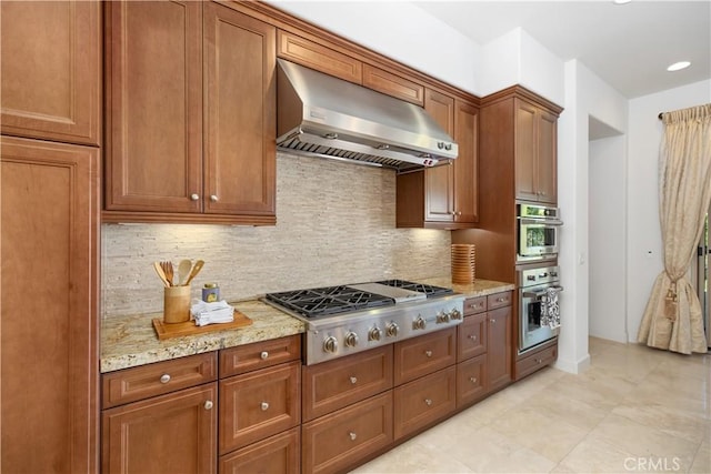 1278 Inspiration, West Covina, CA 91791 - kitchen with wall chimney exhaust hood, stainless steel gas cooktop, backsplash, and light stone counters