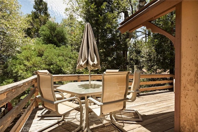 1230 Bear Springs Rd, Rimforest, CA 92378 - wooden terrace featuring outdoor dining area and view of scattered trees