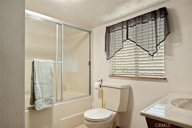 1230 Bear Springs Rd, Rimforest, CA 92378 - full bath with combined bath / shower with glass door, a textured wall, vanity, and a textured ceiling