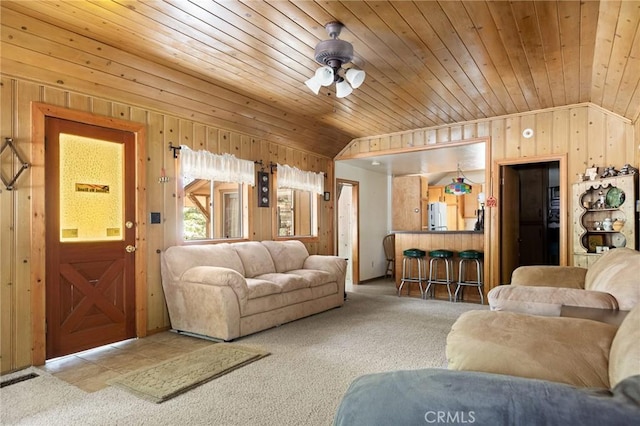 1230 Bear Springs Rd, Rimforest, CA 92378 - carpeted living area with lofted ceiling, wood walls, and wooden ceiling