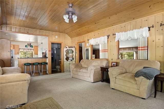 1230 Bear Springs Rd, Rimforest, CA 92378 - living area featuring carpet, wooden ceiling, wooden walls, and lofted ceiling