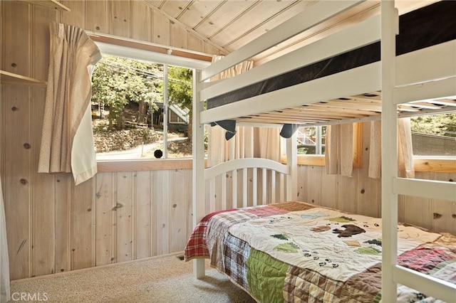 1230 Bear Springs Rd, Rimforest, CA 92378 - carpeted bedroom featuring wood walls, wooden ceiling, and lofted ceiling