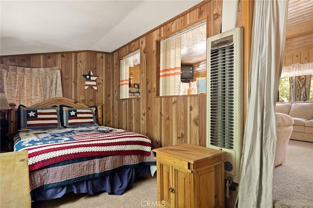 1230 Bear Springs Rd, Rimforest, CA 92378 - bedroom featuring carpet, a heating unit, wood walls, and vaulted ceiling