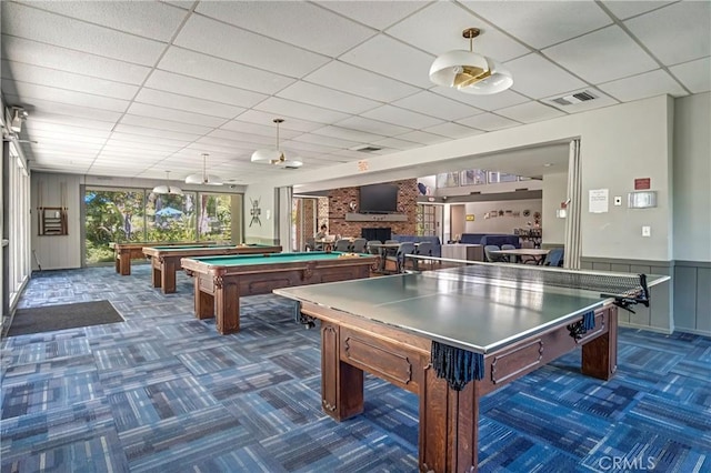 3603 W Hidden Ln Unit 210, Rolling Hills Estates, CA 90274 - recreation room with dark colored carpet, billiards table, a drop ceiling, and a large fireplace