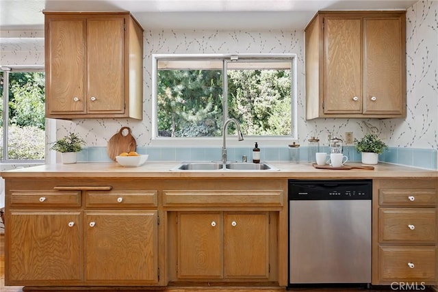 4241 Kingfisher Rd, Calabasas, CA 91302 - kitchen with dishwasher, light countertops, wallpapered walls, and plenty of natural light