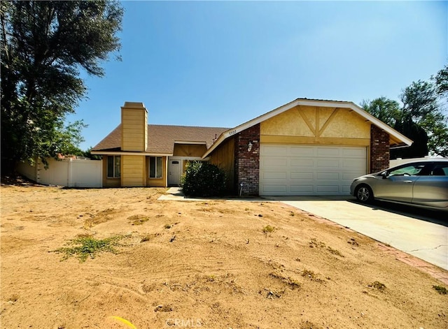 7707 Bolton Ave, Riverside, CA 92503 - single story home with a garage, concrete driveway, a chimney, and brick siding