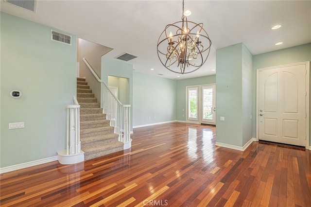 23785 Western Cedar Ct, Valencia, CA 91354 - entrance foyer featuring hardwood / wood-style floors, stairs, a chandelier, and recessed lighting