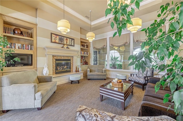 23785 Western Cedar Ct, Valencia, CA 91354 - living room with built in shelves, crown molding, carpet, and a premium fireplace