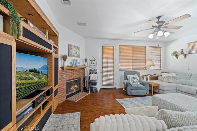 34722 Fairport Way, Yucaipa, CA 92399 - living room featuring wood finished floors, ceiling fan, and a fireplace
