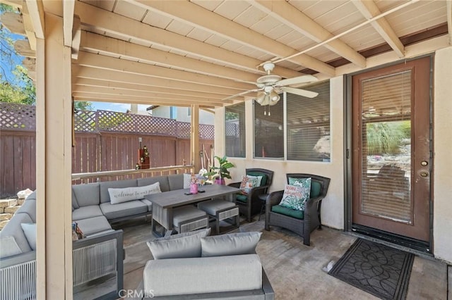 34722 Fairport Way, Yucaipa, CA 92399 - fenced backyard featuring outdoor lounge area, a patio, and ceiling fan