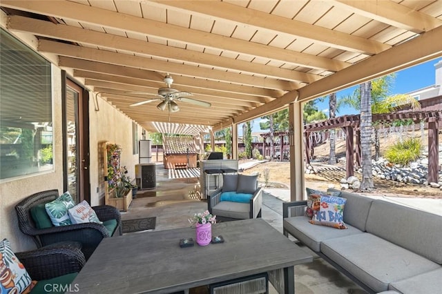 34722 Fairport Way, Yucaipa, CA 92399 - fenced backyard with an outdoor hangout area, a patio, ceiling fan, and outdoor dining area