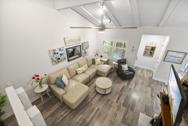 2352 Altisma Way Unit 13, Carlsbad, CA 92009 - living room with beamed ceiling, wood finished floors, and a ceiling fan