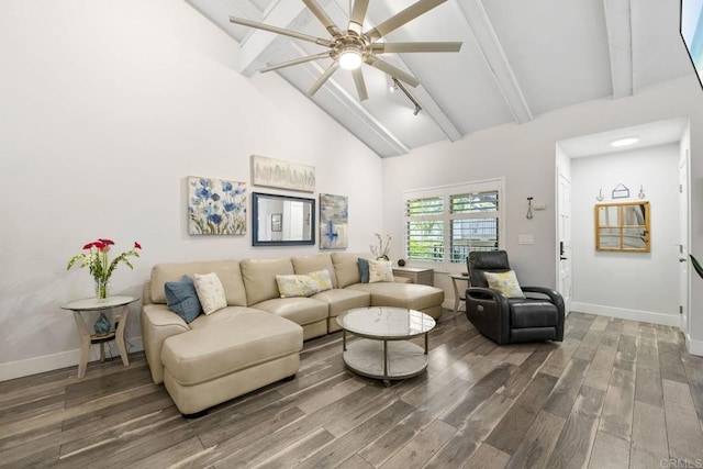 2352 Altisma Way Unit 13, Carlsbad, CA 92009 - living room with wood finished floors, beamed ceiling, a ceiling fan, and high vaulted ceiling
