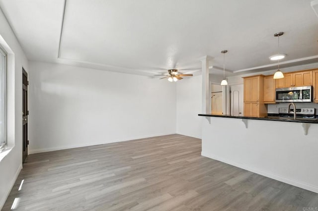 4074 48th St Unit 3, San Diego, CA 92105 - kitchen with stainless steel appliances, a breakfast bar, light wood-style flooring, a ceiling fan, and dark countertops