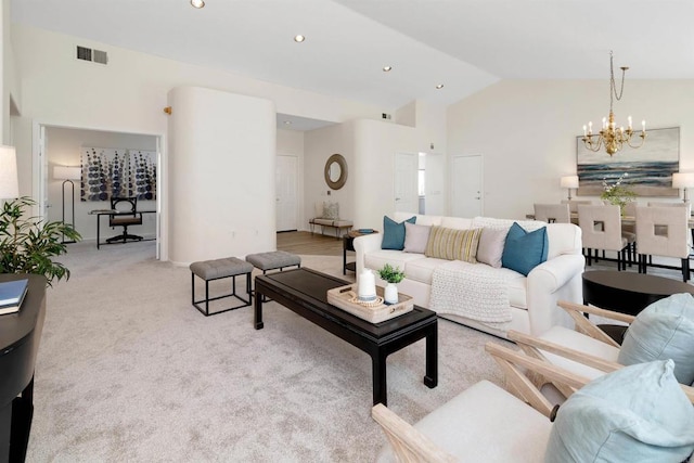 4981 Lerkas Way, Oceanside, CA 92056 - carpeted living room featuring a chandelier, lofted ceiling, and recessed lighting