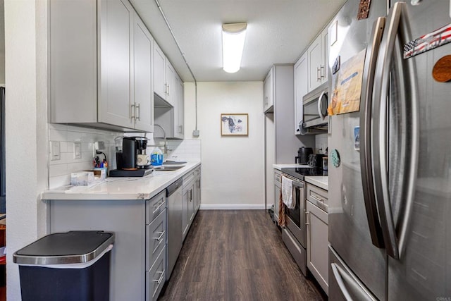 2041 E Grand Ave Unit 19, Escondido, CA 92027 - kitchen with stainless steel appliances, dark wood-style floors, gray cabinetry, backsplash, and white cabinetry