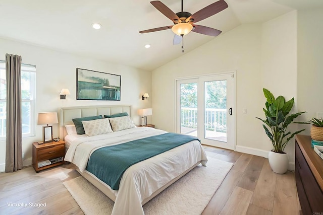 15716 Milne Cir, Moorpark, CA 93021 - bedroom featuring access to outside, light wood-style floors, lofted ceiling, recessed lighting, and a ceiling fan
