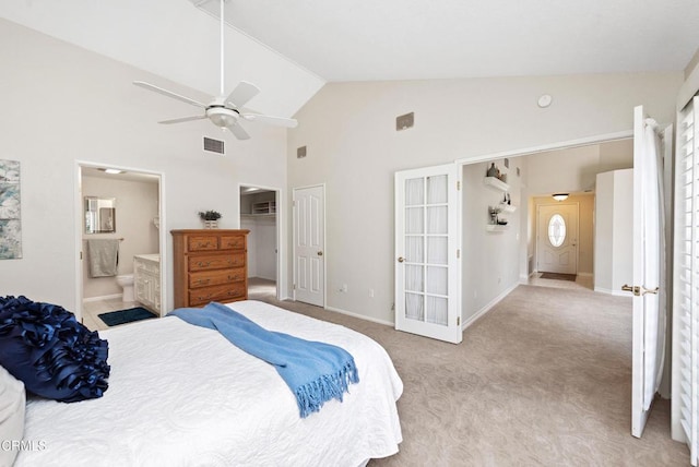 6357 Irena Ave, Camarillo, CA 93012 - bedroom with high vaulted ceiling, light colored carpet, ensuite bathroom, and ceiling fan