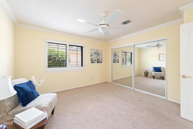 6357 Irena Ave, Camarillo, CA 93012 - sitting room featuring a ceiling fan, crown molding, healthy amount of natural light, and carpet flooring