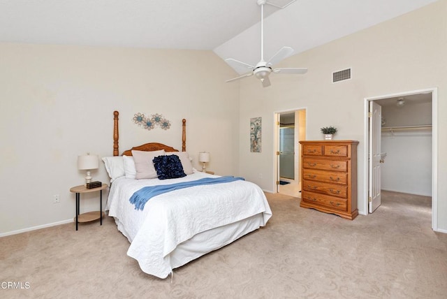 6357 Irena Ave, Camarillo, CA 93012 - bedroom featuring light carpet, a spacious closet, high vaulted ceiling, and ceiling fan