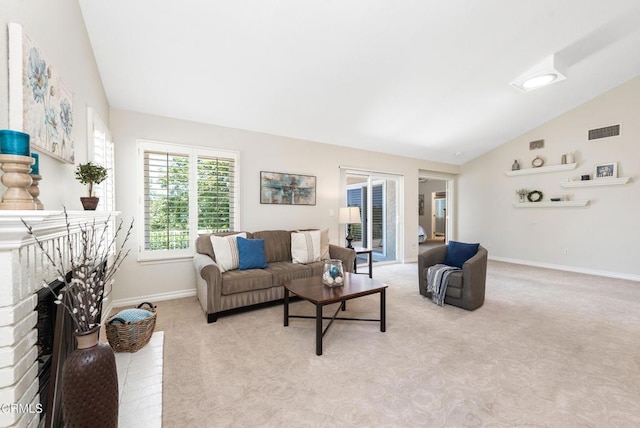 6357 Irena Ave, Camarillo, CA 93012 - living area featuring lofted ceiling, light colored carpet, and a fireplace