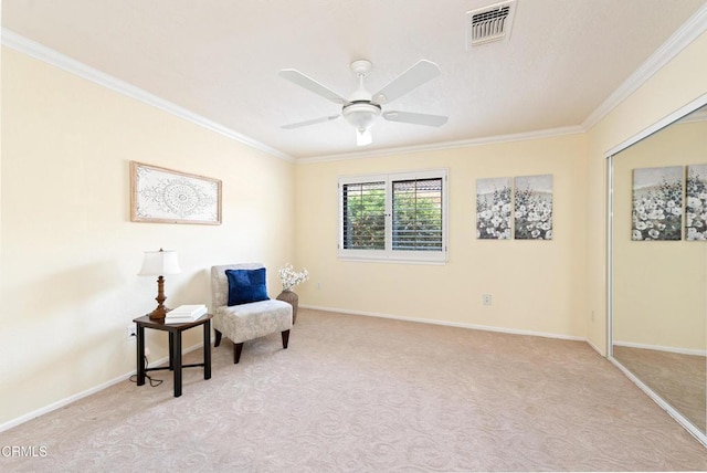 6357 Irena Ave, Camarillo, CA 93012 - sitting room featuring crown molding, light carpet, and a ceiling fan