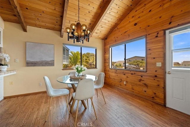 1232 10th St, Los Osos, CA 93402 - dining space with wood ceiling, a chandelier, and hardwood / wood-style flooring
