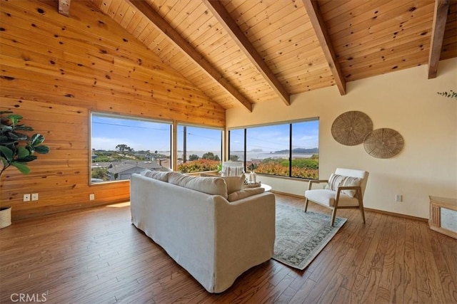 1232 10th St, Los Osos, CA 93402 - living area featuring a wood ceiling with exposed beams, wood-type flooring, wood walls, and high vaulted ceiling