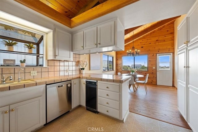1232 10th St, Los Osos, CA 93402 - kitchen featuring stainless steel dishwasher, a peninsula, tasteful backsplash, wood ceiling, and white cabinets