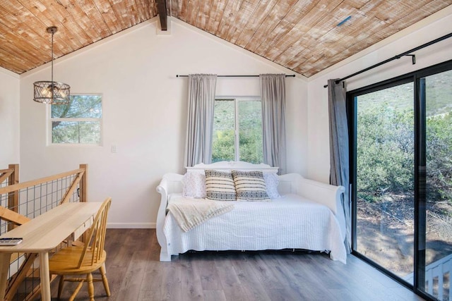 1298 Willowside, Alpine, CA 91901 - bedroom featuring wood ceiling, a chandelier, multiple windows, wood finished floors, and lofted ceiling