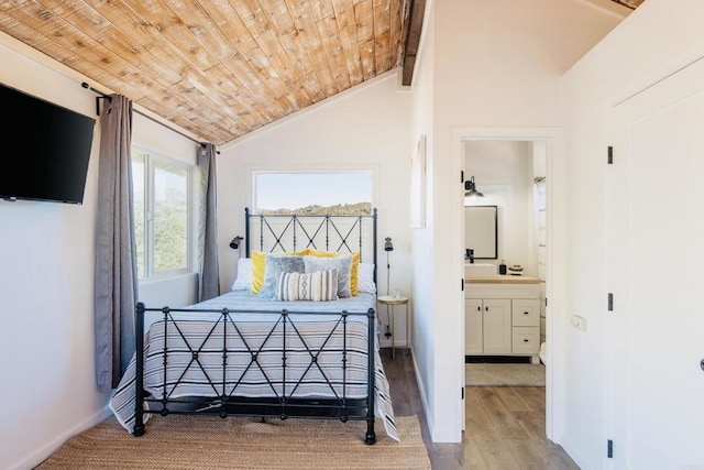 1298 Willowside, Alpine, CA 91901 - bedroom with lofted ceiling, wood ceiling, wood finished floors, and ensuite bath