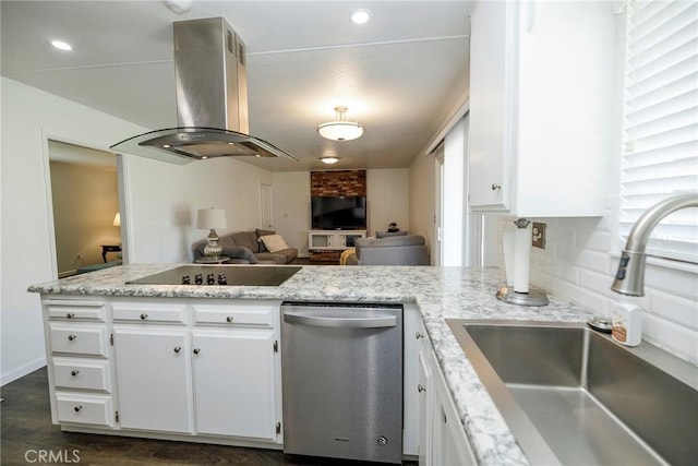 1721 Myrtlewood Dr, Ceres, CA 95307 - kitchen featuring stainless steel dishwasher, island exhaust hood, black electric stovetop, white cabinetry, and open floor plan
