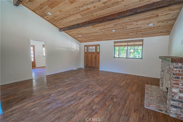 29701 Jackson St, Castaic, CA 91384 - unfurnished living room with hardwood / wood-style floors, wooden ceiling, and a brick fireplace